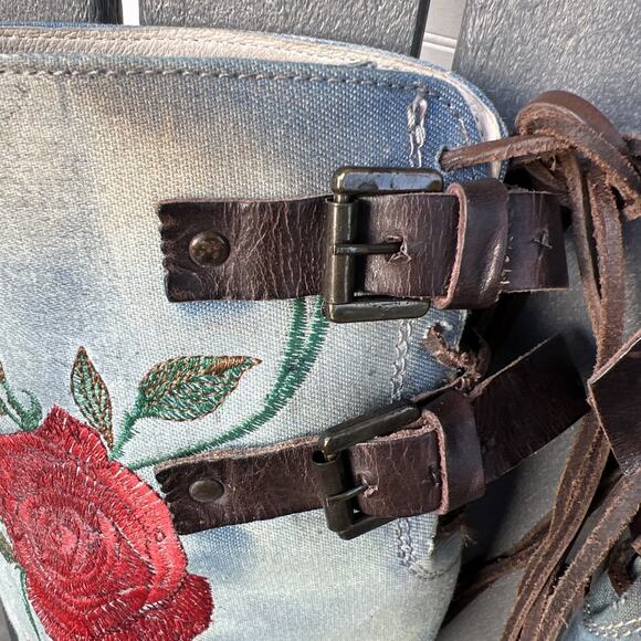 Freebird Boots Womens 8 Blue Cyrus Leather Roses Embroidery Knee High Laces Boho - Picture 2 of 16